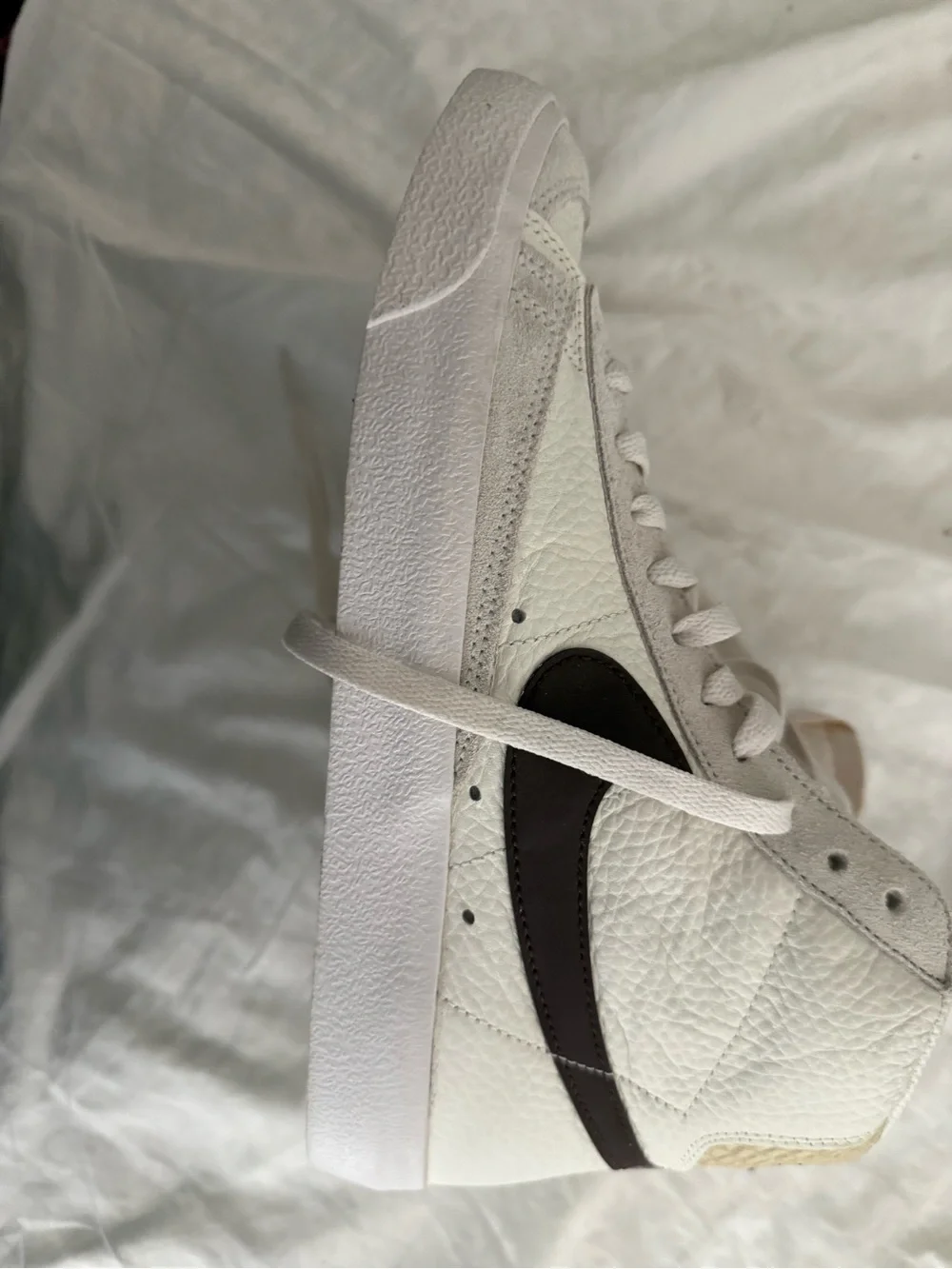 Nike Women’s Mid-Top Sneakers in White with Olive & Burgundy Swooshes